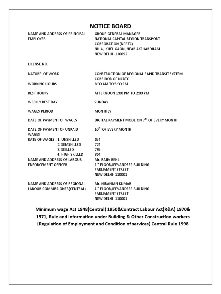 NCRTC Wage Notice and Labour Details | PDF