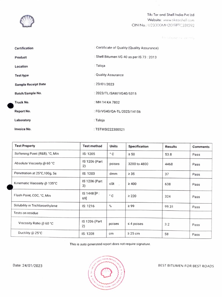 Quality Report for Shell Bitumen VG 40 | PDF | Physical Sciences ...