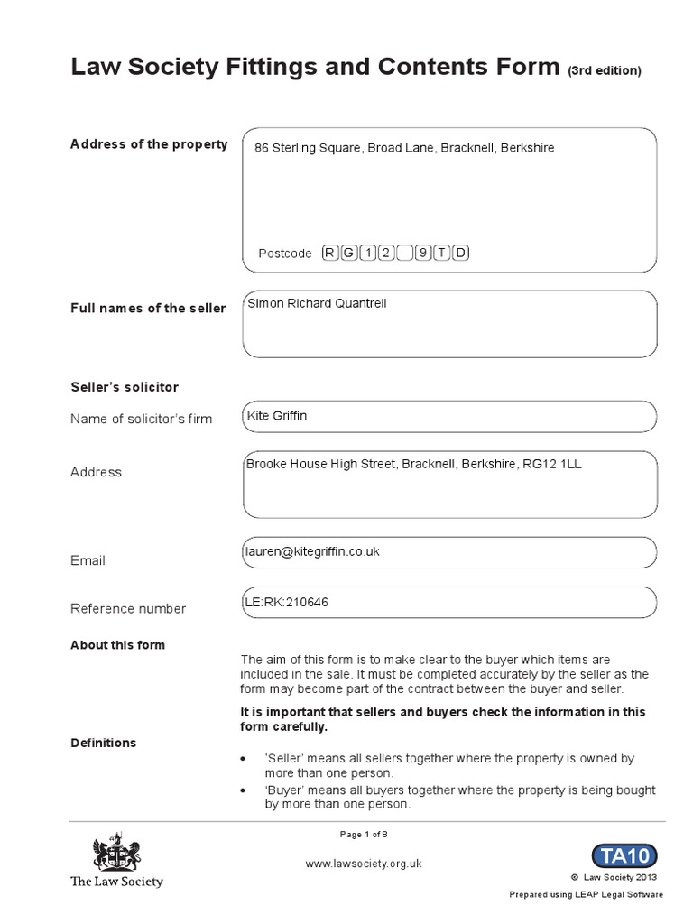 Fittings and Contents Form PDF