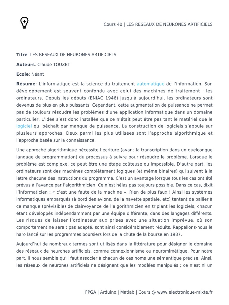 Réseaux de Neurones Artificiels PDF | PDF | Informatique | Réseau de ...