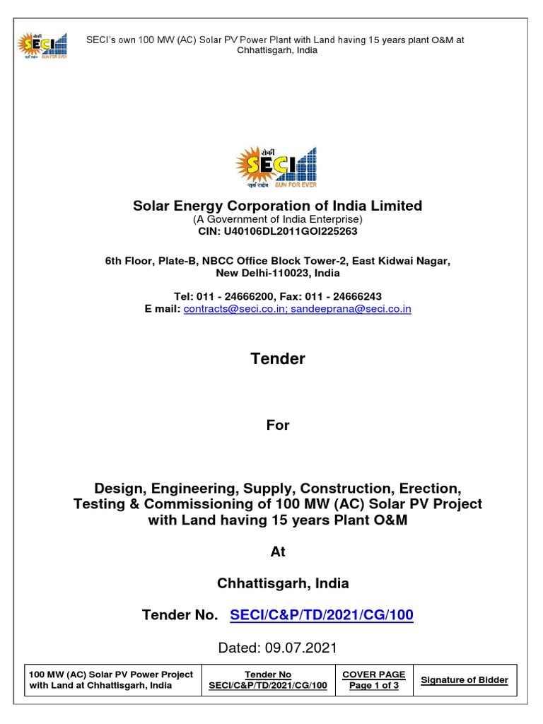 Solar Energy Corporation of India Limited: Tender | PDF | Solar Power
