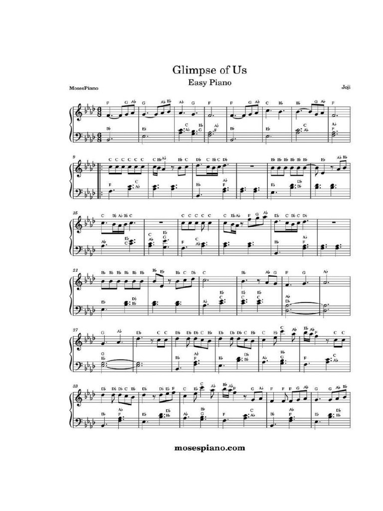 Joji Glimpse of Us Easy Piano PDF