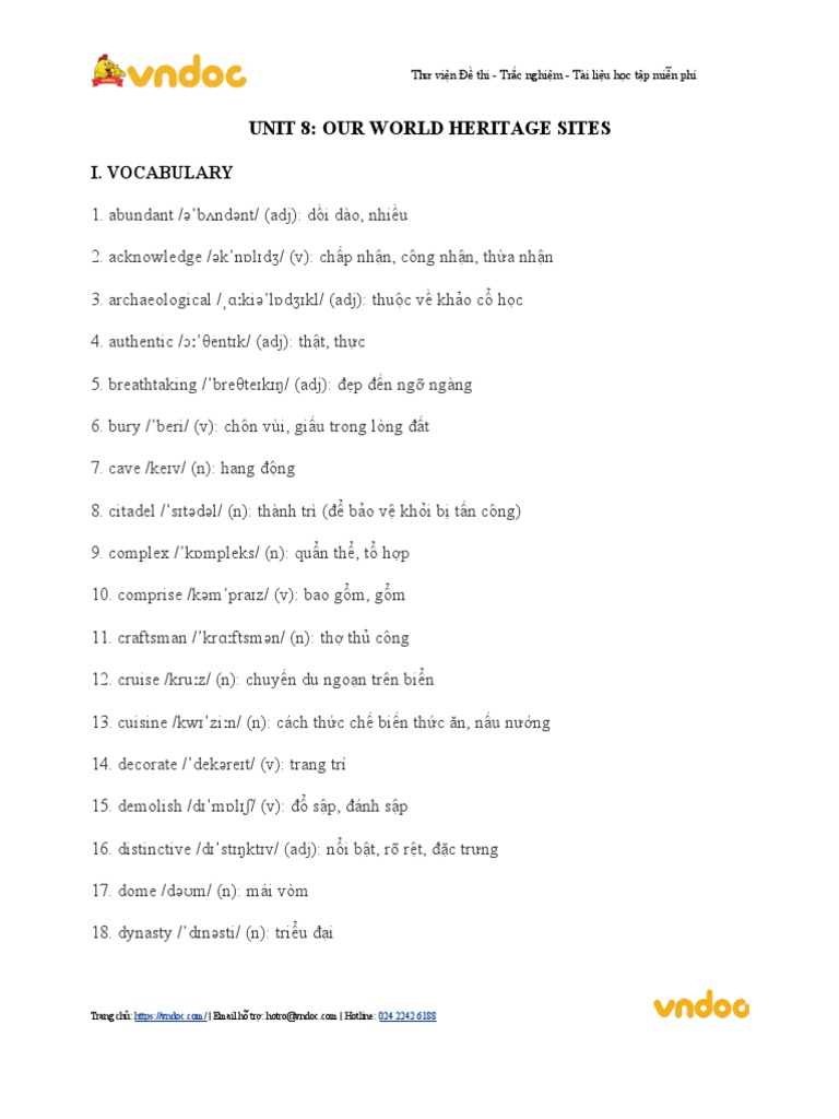 Tu Vung Tieng Anh Lop 11 Unit 8 Our World Heritage Sites | PDF