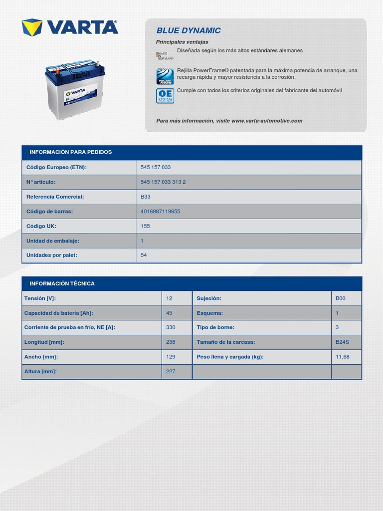 Ficha Tecnica Bateria de Coche Varta b33 12v 45ah 330a | PDF