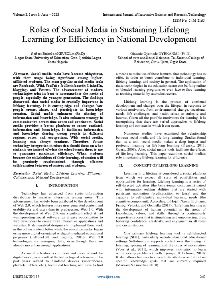 Roles of Social Media in Sustaining Lifelong Learning For Efficiency in ...