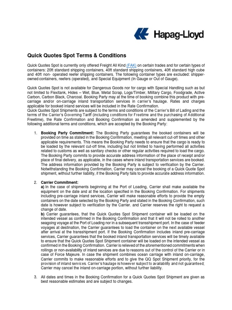 Hapag Quick Quotes Spot Terms Overview | PDF | Cargo | Freight Transport