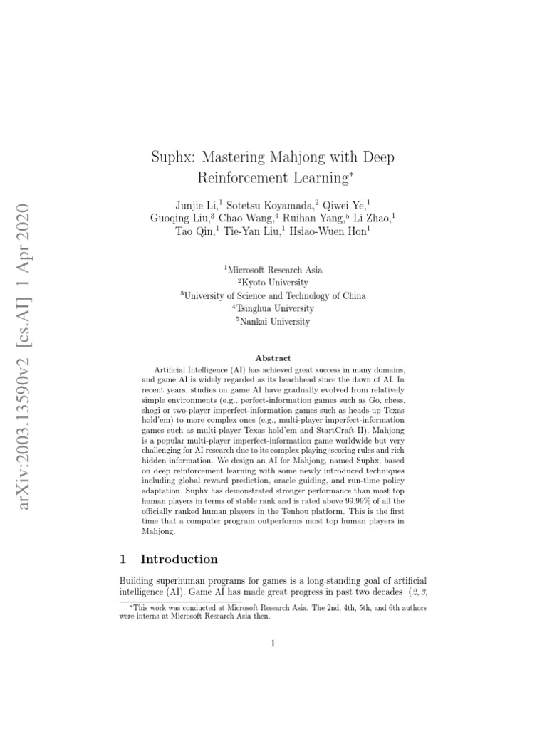 Mastering Mahjong With Deep Reinforcement Learning | PDF | Games ...