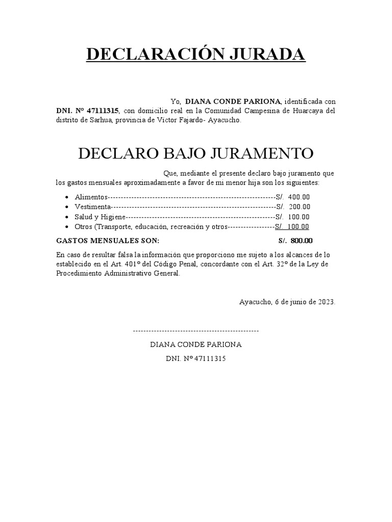 Modelo De Declaracion Jurada De Gastos