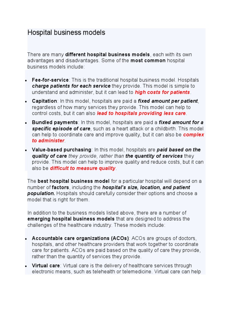 Hospital Business Models Explained | PDF | Fee For Service | Hospital