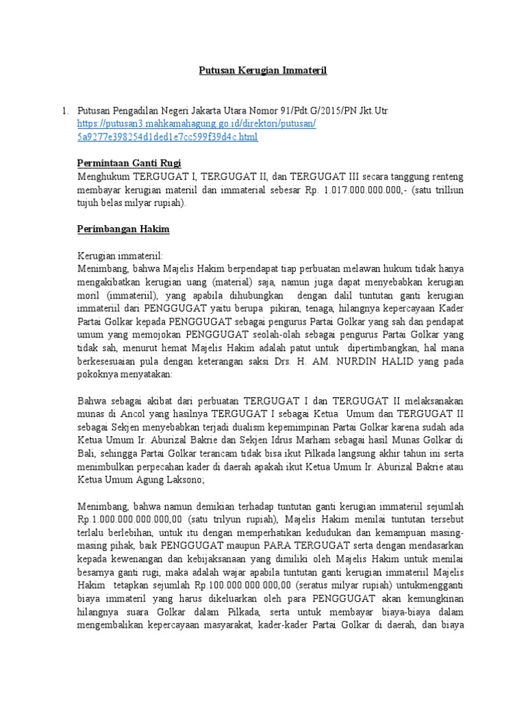 Putusan Kerugian Immateril di Pengadilan | PDF | Hukum