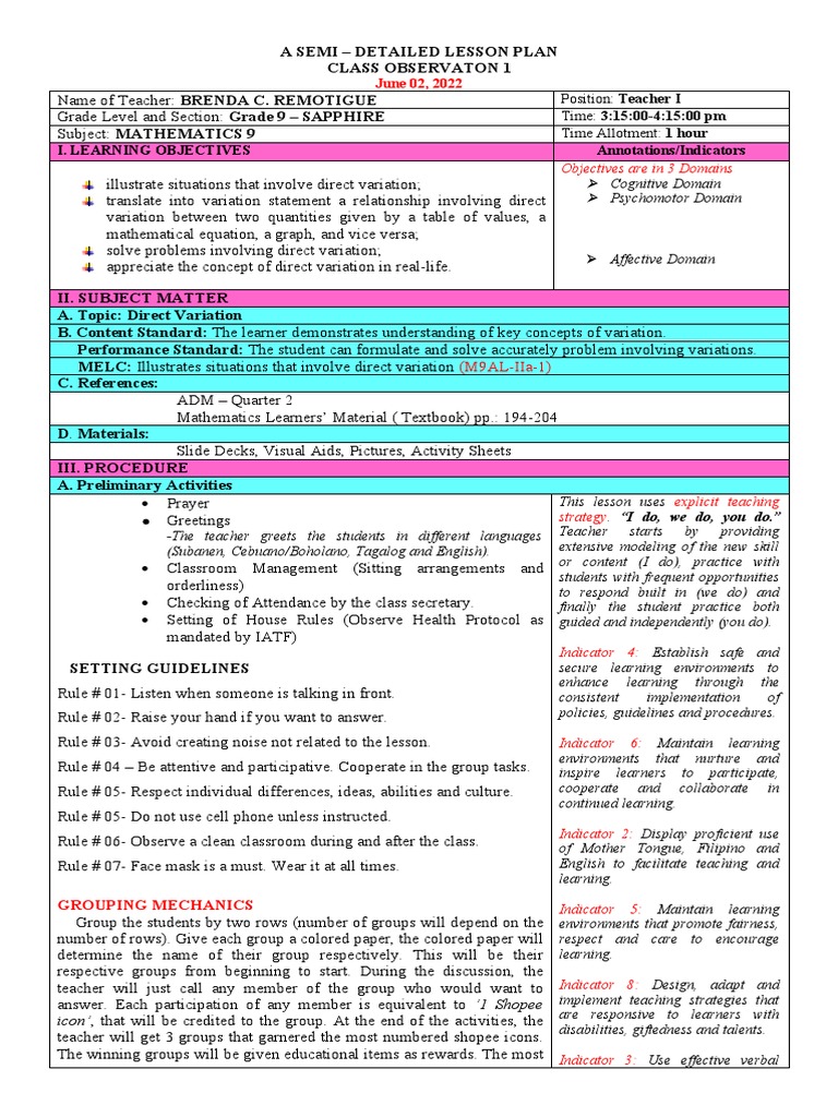 Grade 9 Direct Variation Lesson Plan | PDF | Learning | Teachers