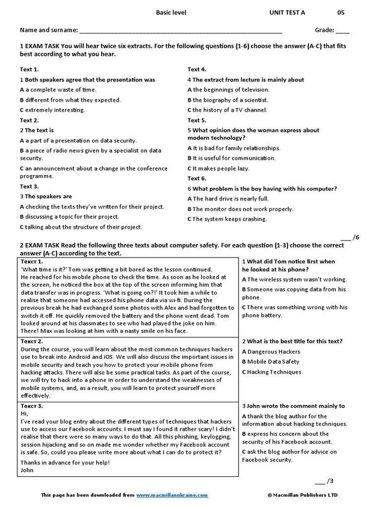 Unit Test 5A Basic Level | PDF | Language Arts & Discipline