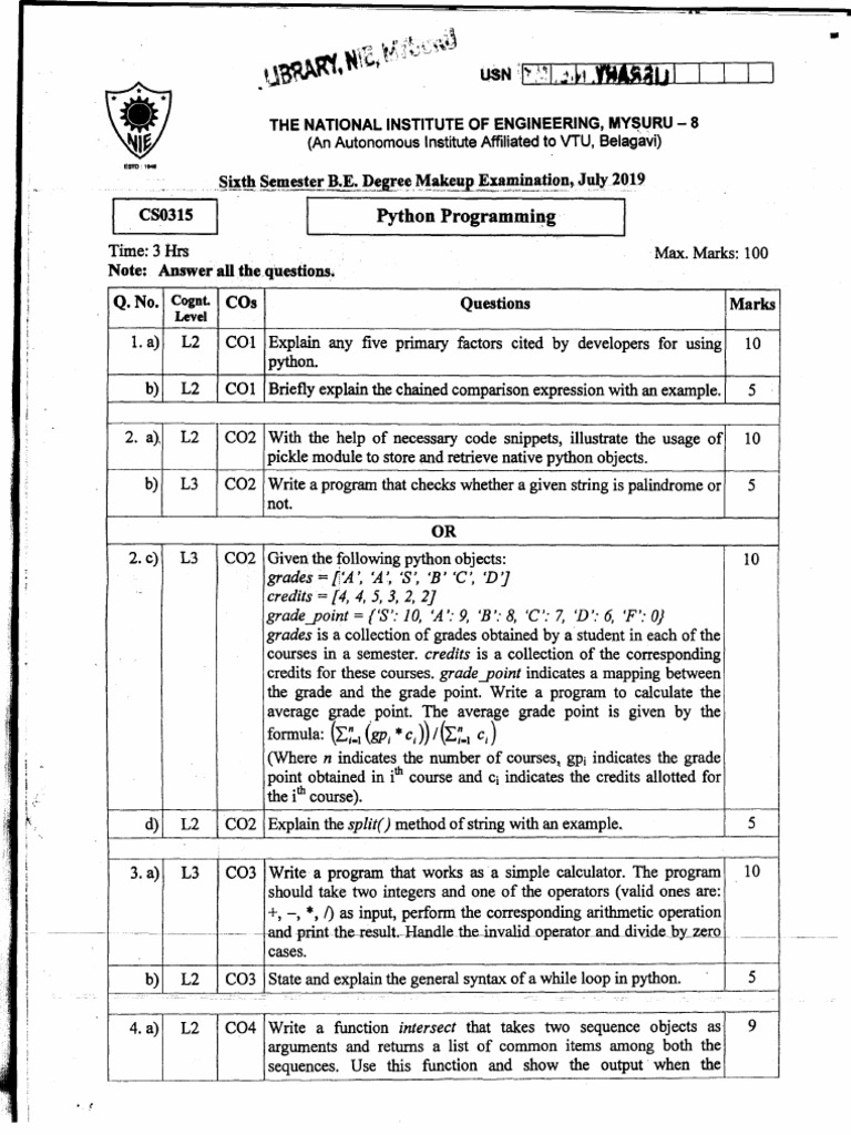 CS0315 Python Programming Sixth Sem Makeup July 2019 | PDF