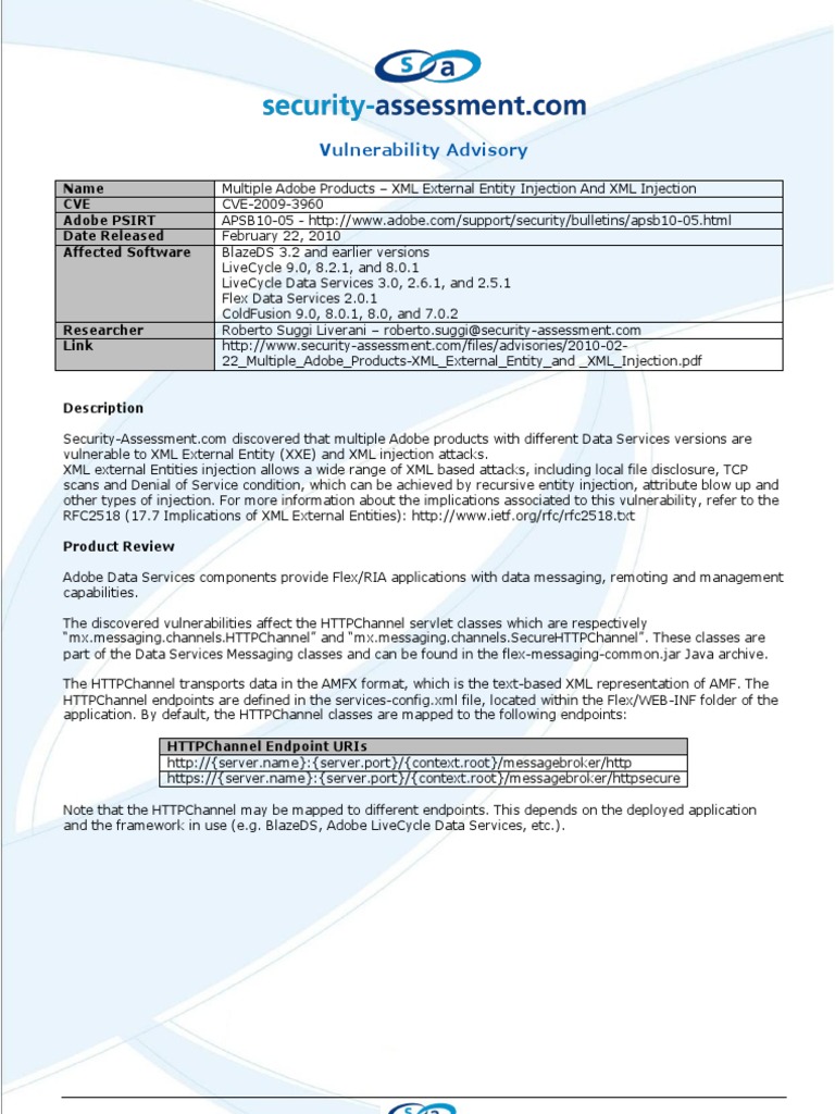 XML External Entity and XML Injection Apache Flex Hypertext