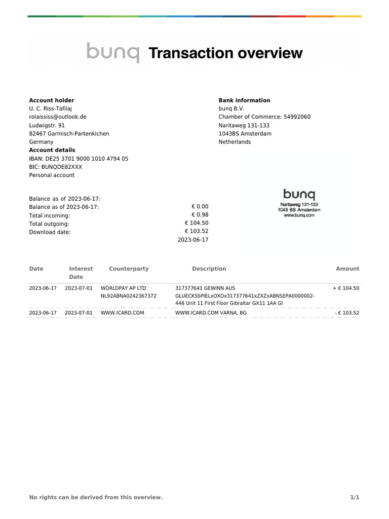 Bunq Bank Statement Overview | PDF