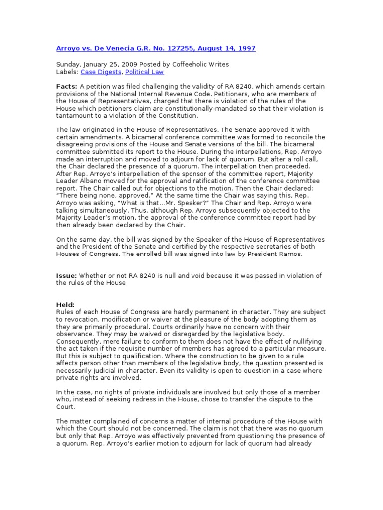 Arroyo Vs DeVenecia Download Free PDF United States House Of