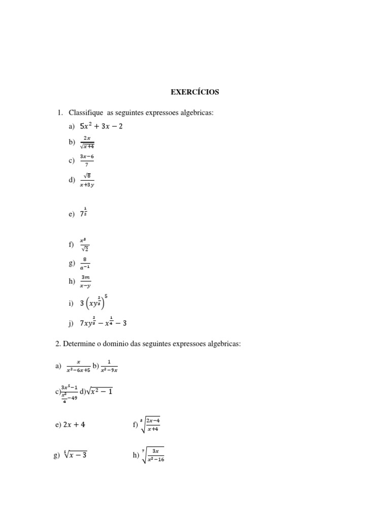 Exercícios Sobre Expressoes Algebricas Pdf