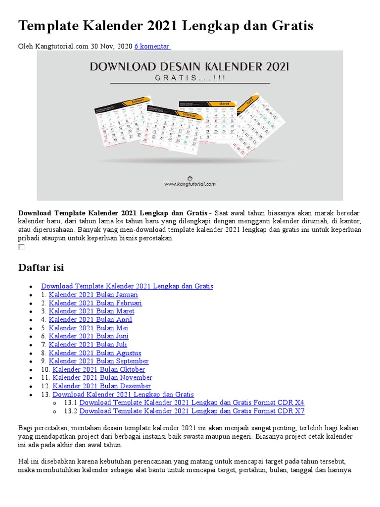 Template Kalender 2021 Lengkap Dan Gratis | PDF