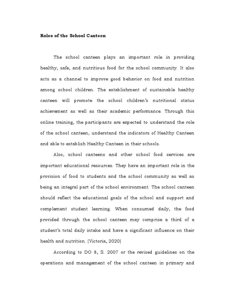 Roles of The School Canteen RRL PDF Schools Nutrition