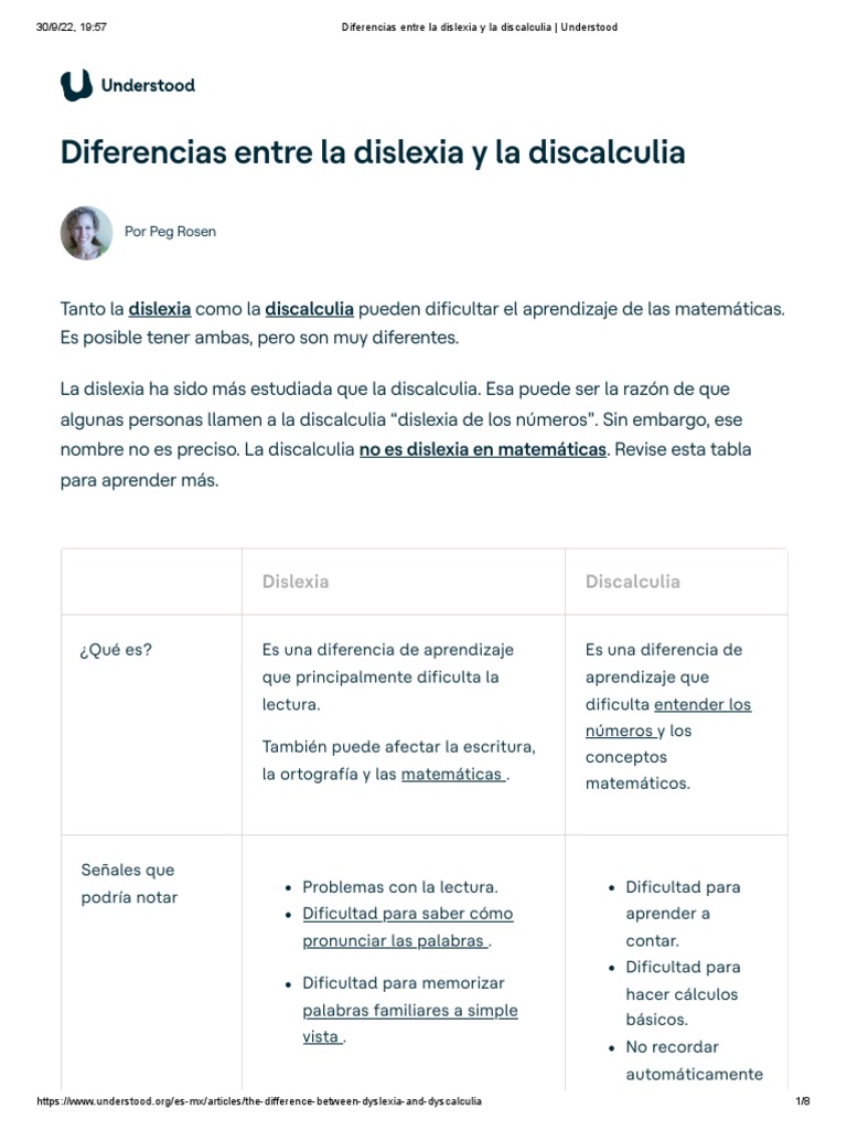 Diferencias Entre La Dislexia y La Discalculia - Understood | PDF