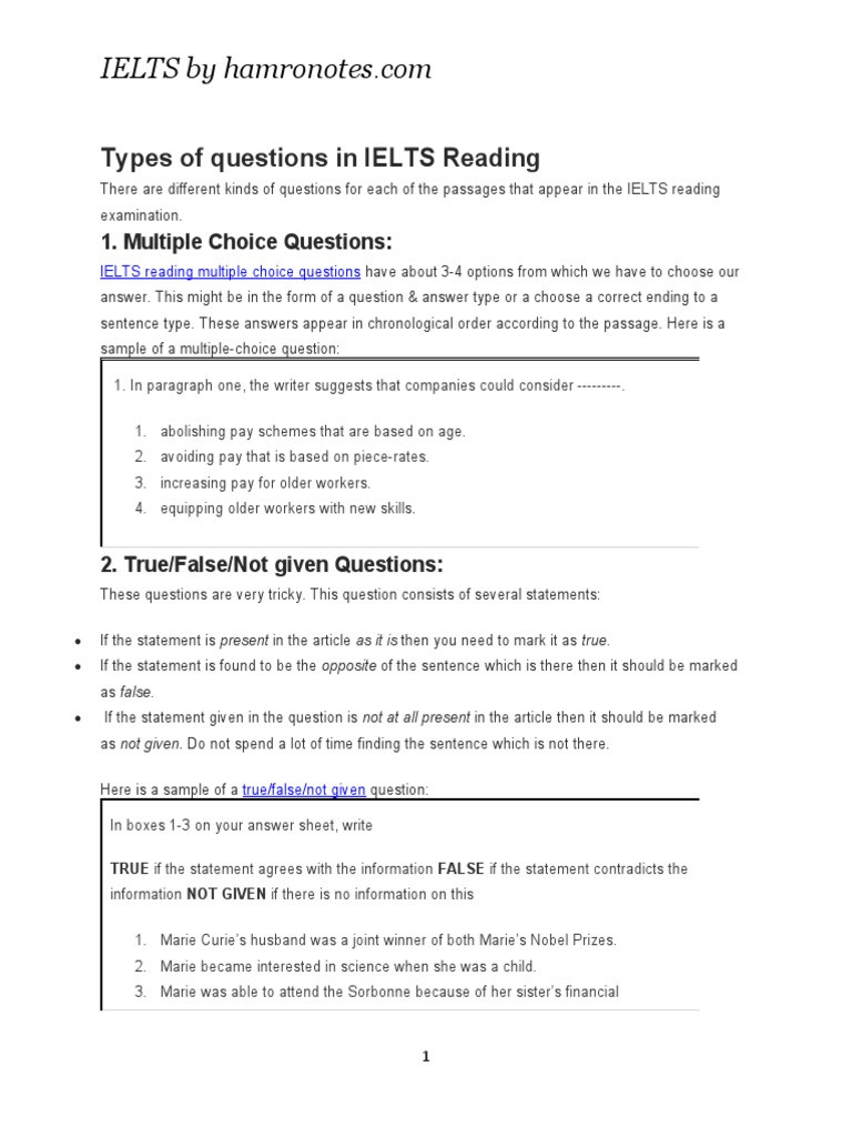 Types of Questions in IELTS Reading PDF Multiple Choice Question