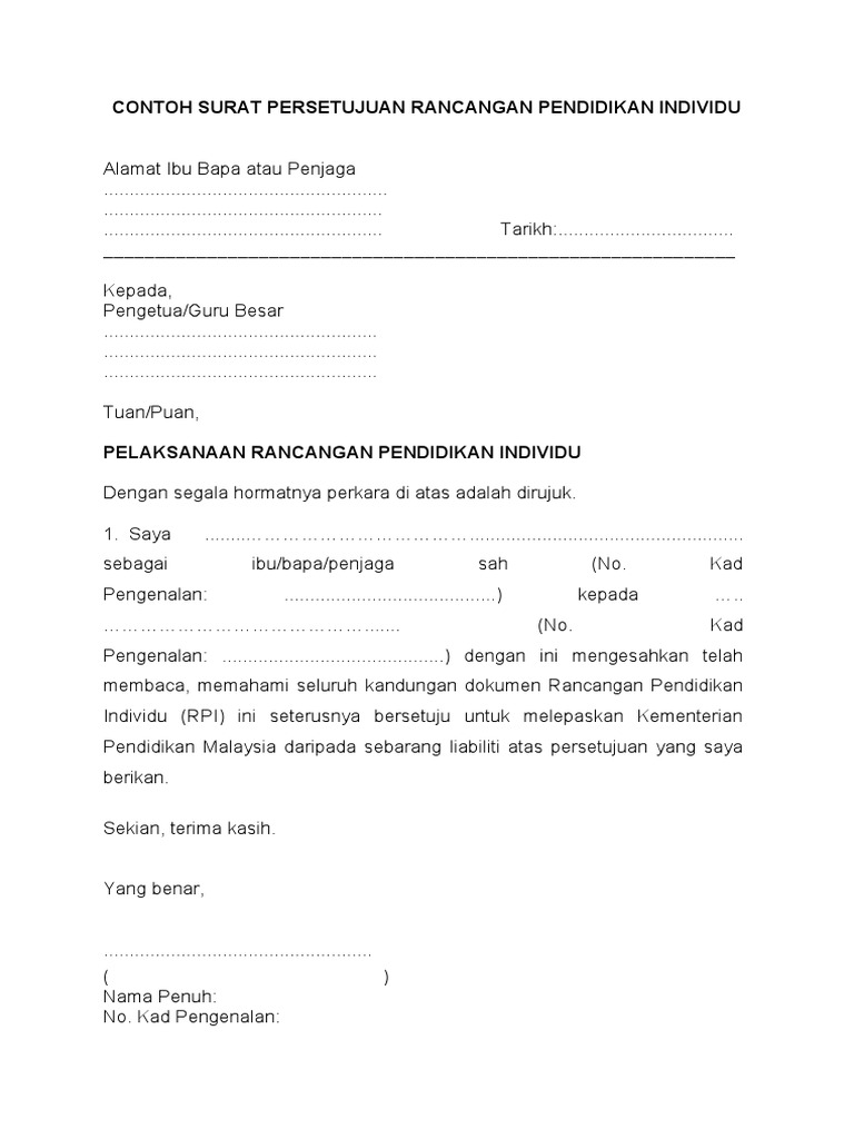 Contoh Surat Persetujuan Ibu Bapa Penjaga Rpi | PDF