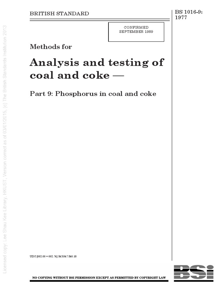  bs 1016 9 1977 methods for analysis and testing of coal and coke