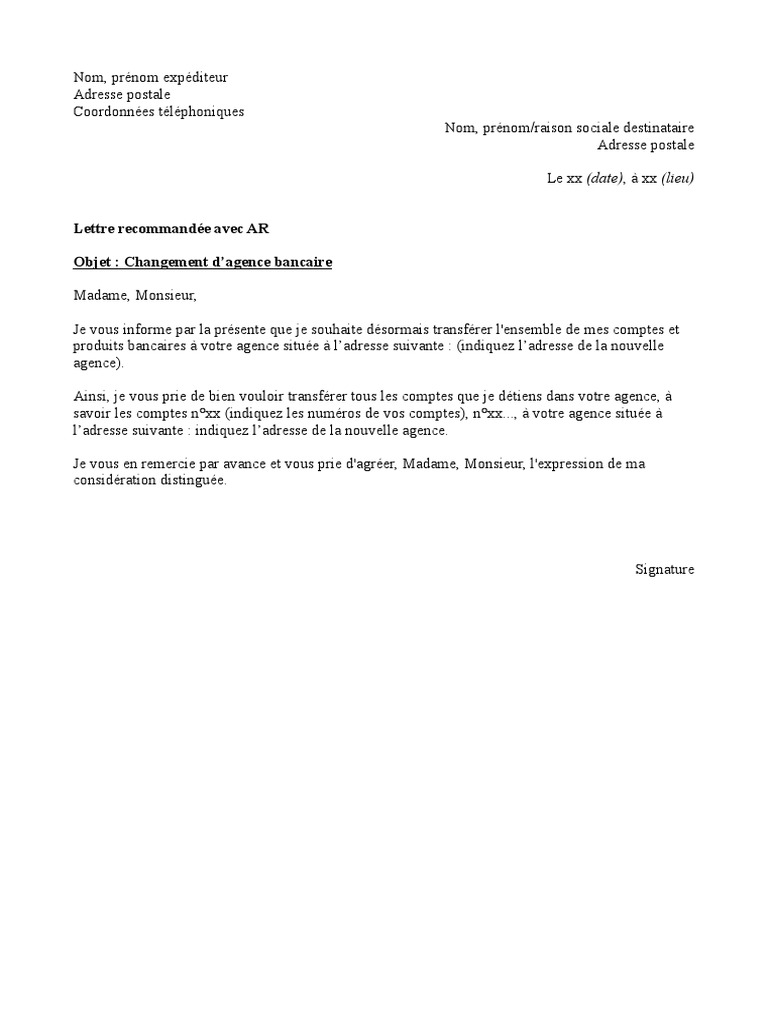 Modele Lettre Demande de Transfert de Compte Bancaire Bancaire PDF