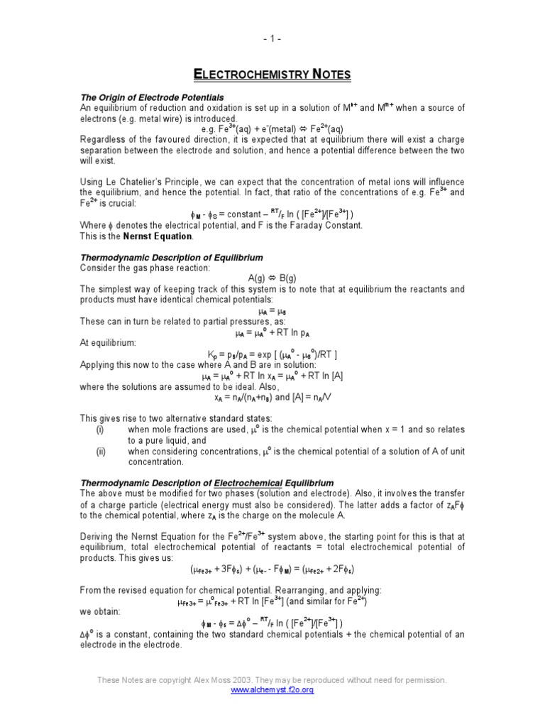 Electrochemistry PDF Chemical Equilibrium Electrochemistry