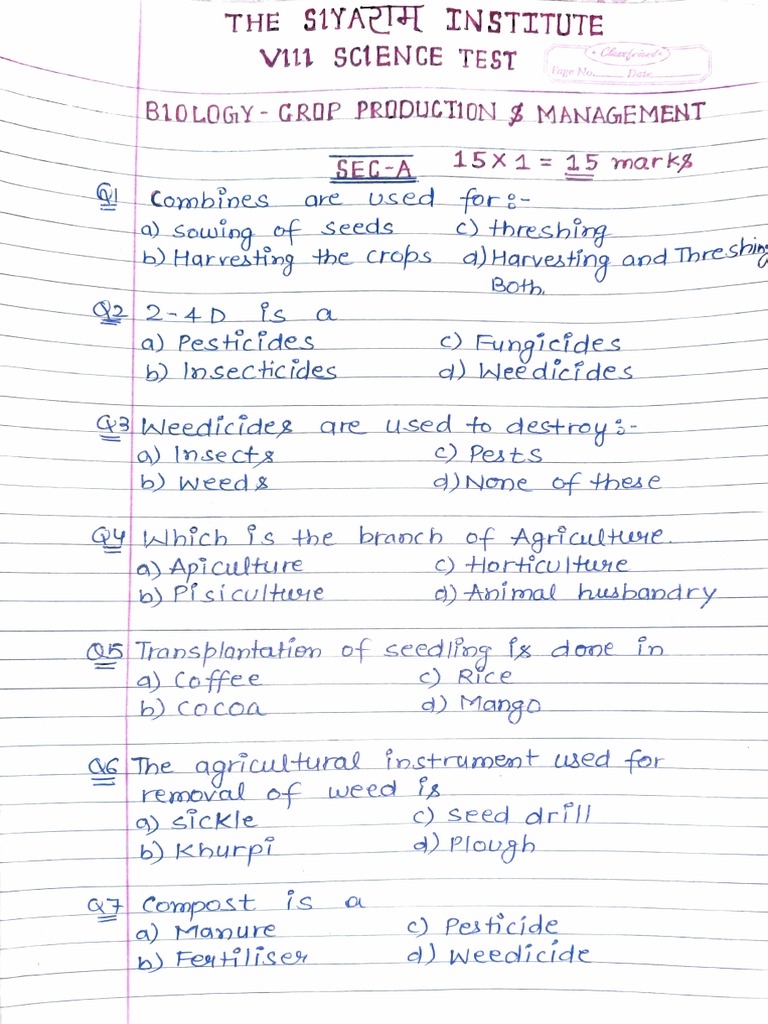 8th Bio Test Paper PDF Pesticide Crops