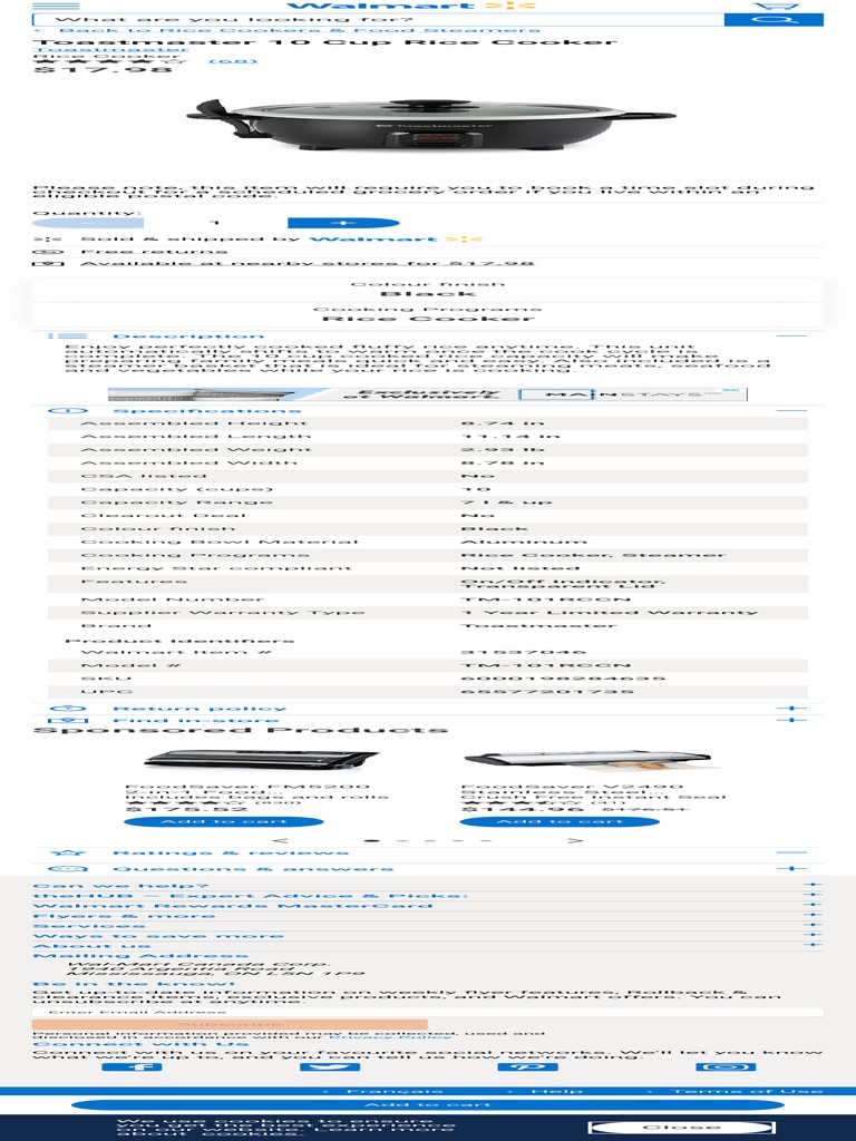 Toastmaster 10 Cup Rice Cooker Walmart Canada PDF Food And Drink