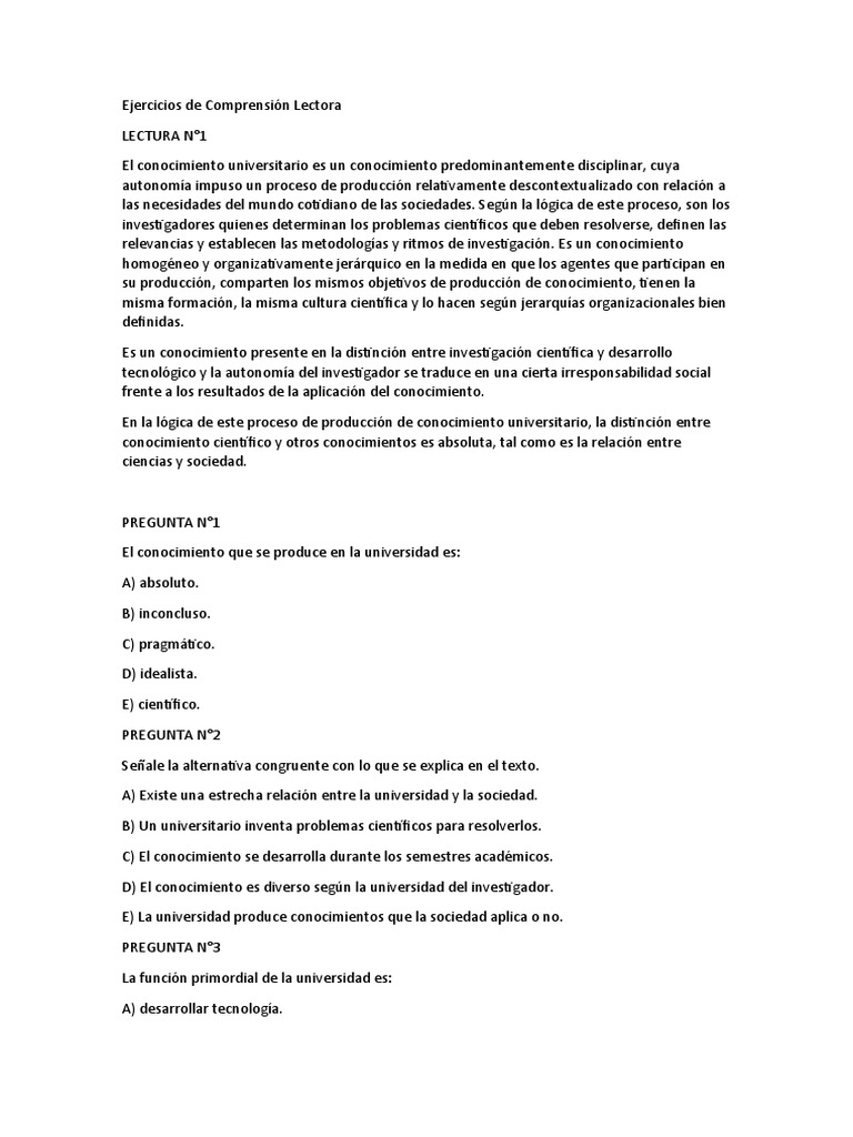 Ejercicios de ComprensiÃ N Lectora | PDF | Razonamiento inductivo ...