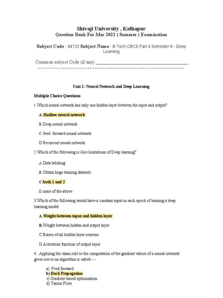 Mcq On Artificial Neural Network