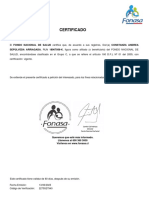 Certificado: SEPÚLVEDA ARRIAGADA, RUN 18907056-K, Figura Como Afiliado (O Beneficiario) Del FONDO NACIONAL DE