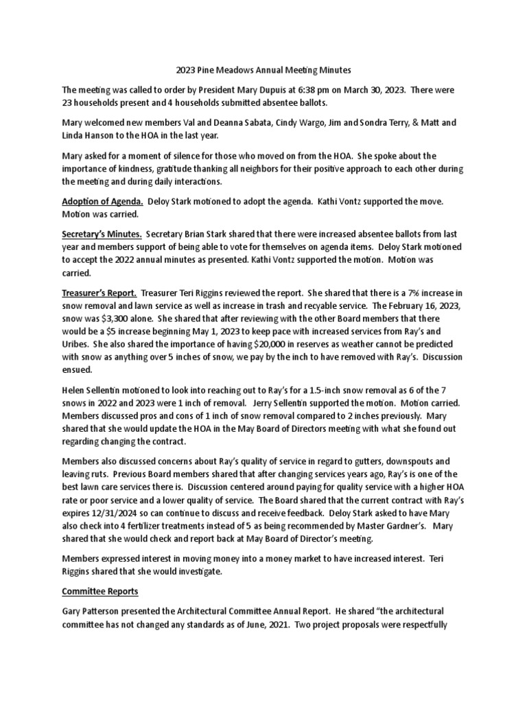 2023 Pine Meadows Hoa Annual Meeting Minutes PDF