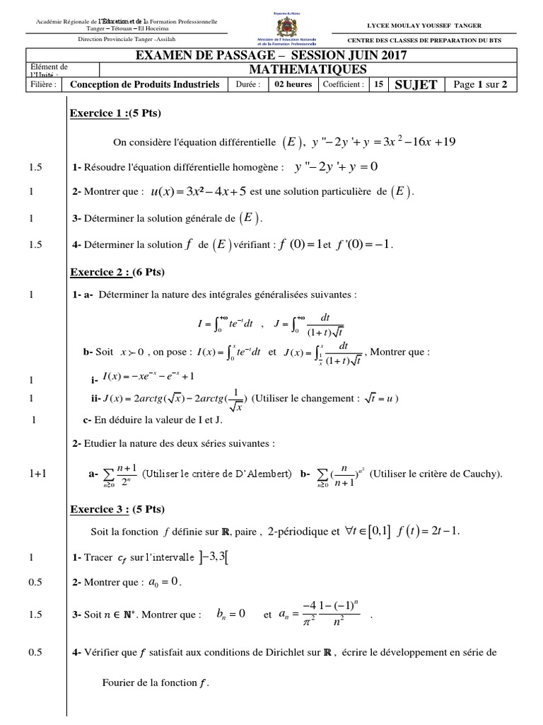 Examen Maths BTS CPI 2017 | PDF | Analyse mathématique | Mathématiques