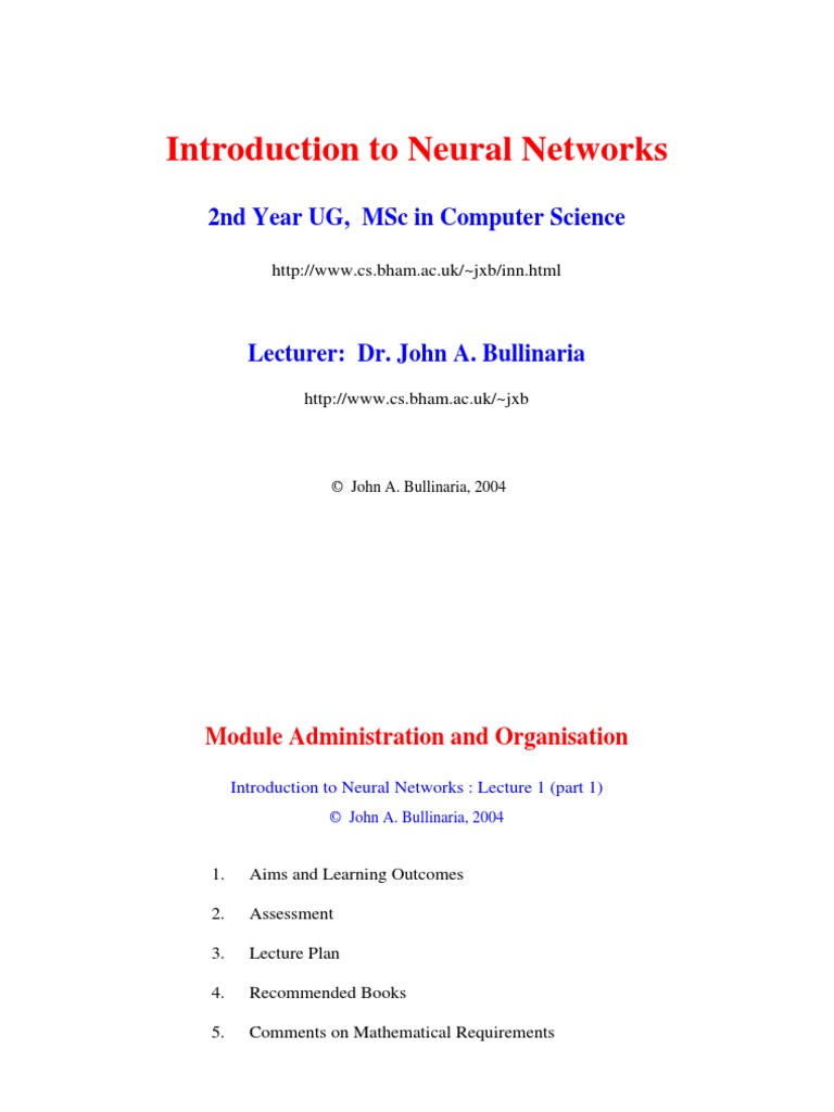 Introduction To Neural Networks: 2Nd Year Ug, MSC in Computer Science | PDF