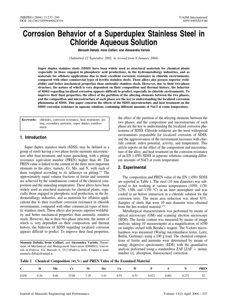 Corrosion Behavior of A Superduplex Stainless Steel in Chloride Aqueous ...