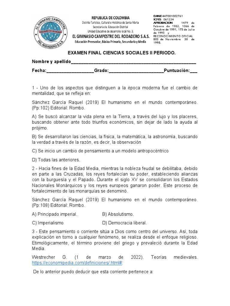 Examen Final Ciencias Sociales II | PDF | Cristobal colon