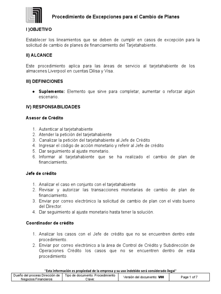 Procedimiento de Excepciones para El Cambio de Planes PDF
