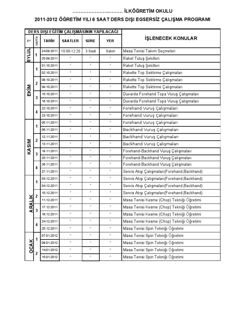 Masa Tenisi 2011 2012 Egzersiz Plani Pdf