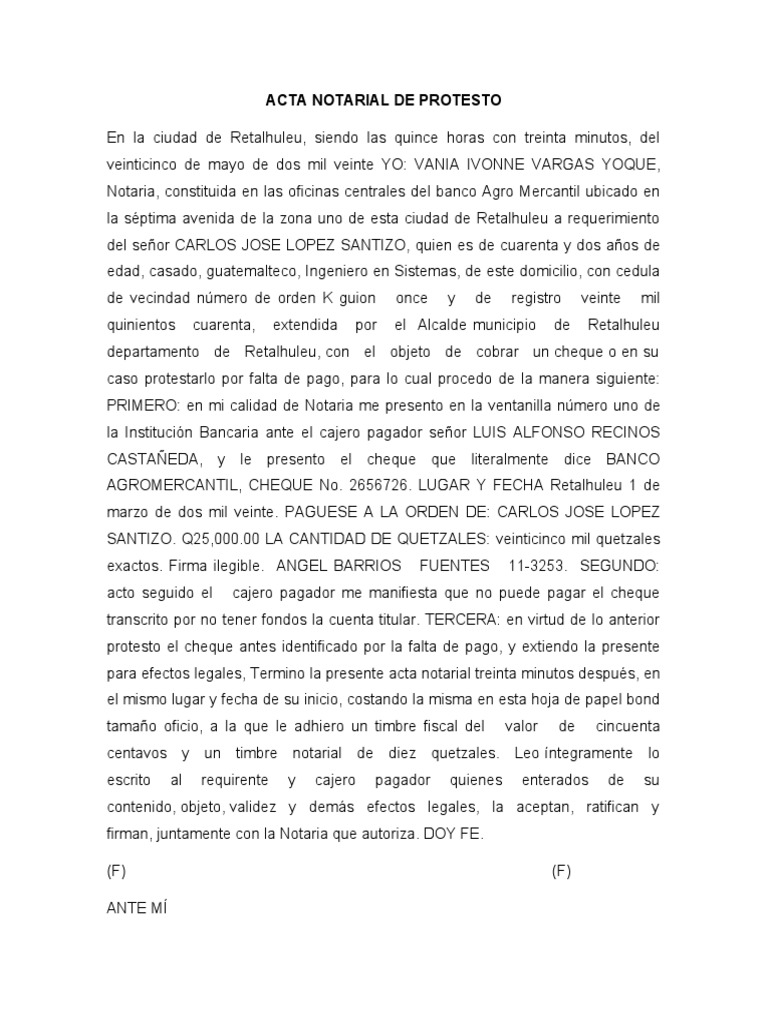Acta Notarial de Protesto de Cheque | PDF | Finanzas y dinero | Derecho