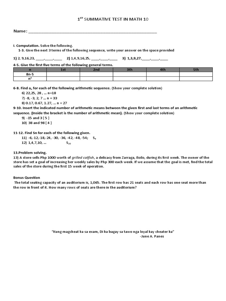 1ST SUMMATIVE TEST IN MATH 10 STE rem PDF