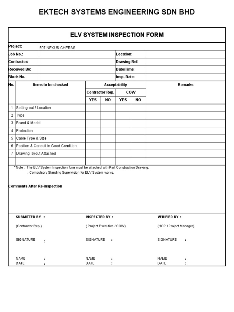 ELV System Inspection Form | PDF | Technology & Engineering