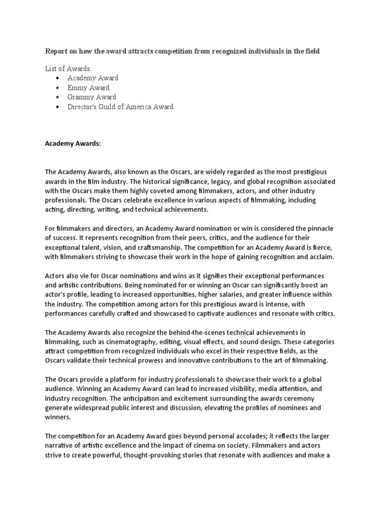 Report On How The Award Attracts Competition From Recognized ...