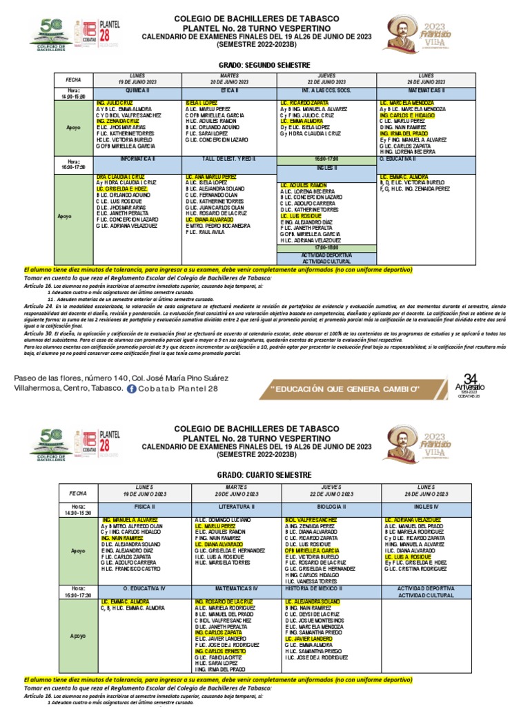 CALENDARIO EVAL FINAL JUNIO 23 Vesp Cobatab | PDF | Evaluación | Toma ...