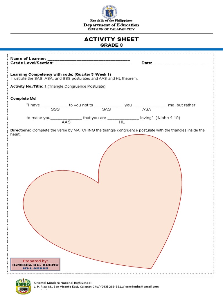 Grade 8 Triangle Congruence Activity Sheet | PDF
