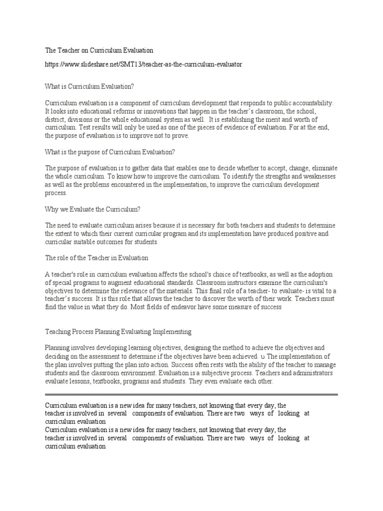 The Teacher On Curriculum Evaluation | PDF | Educational Assessment ...