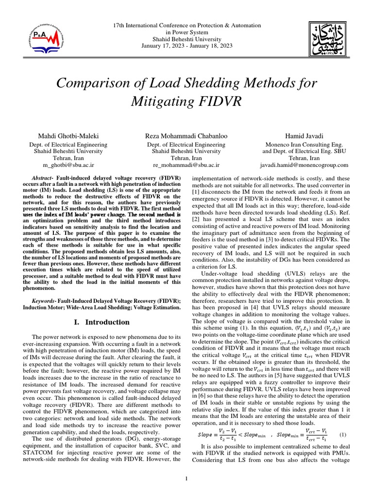 Comparison of Load Shedding Methods For Mitigating FIDVR: Mahdi Ghotbi ...