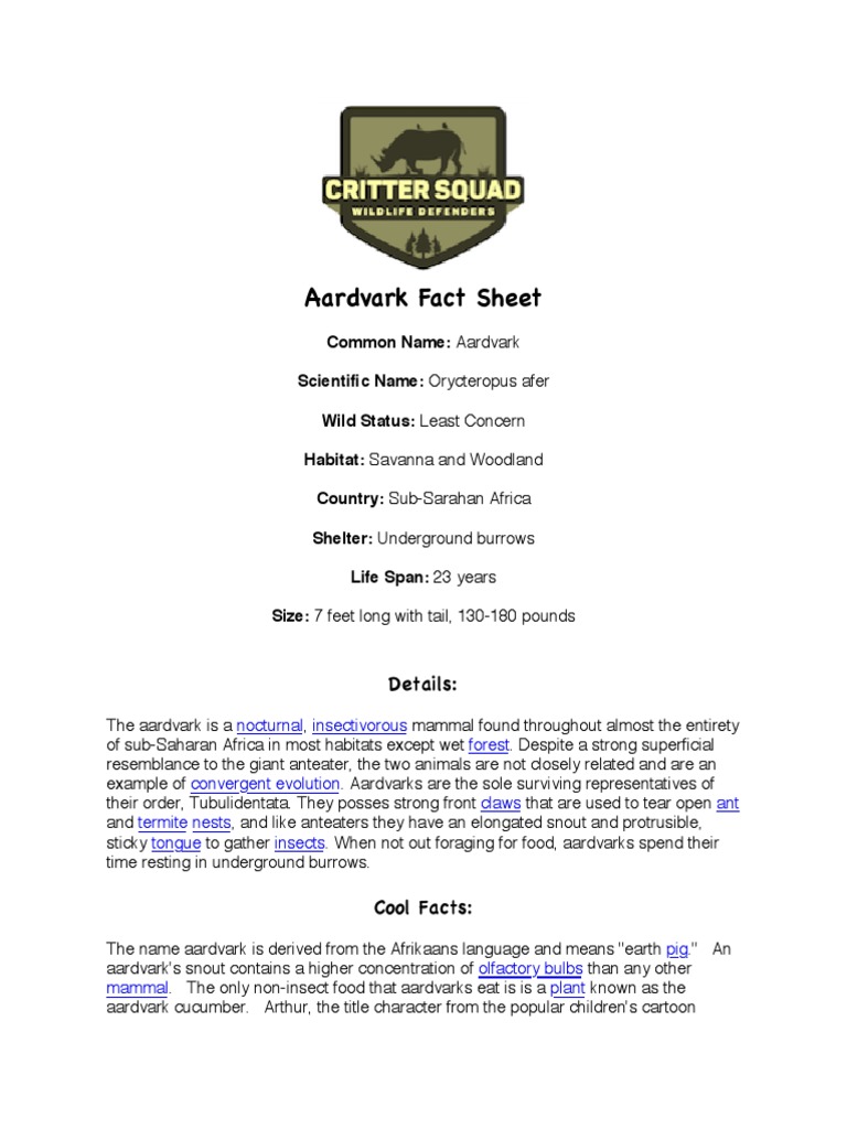 Aardvark Fact Sheet | PDF